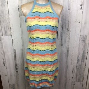 NWT Justify Crochet Knit Multi-color Pastel Stripe Halter Open Back Dress Boho m